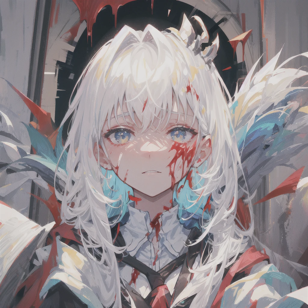 There is blood on the face,Injured,White hair,Clear,woman,