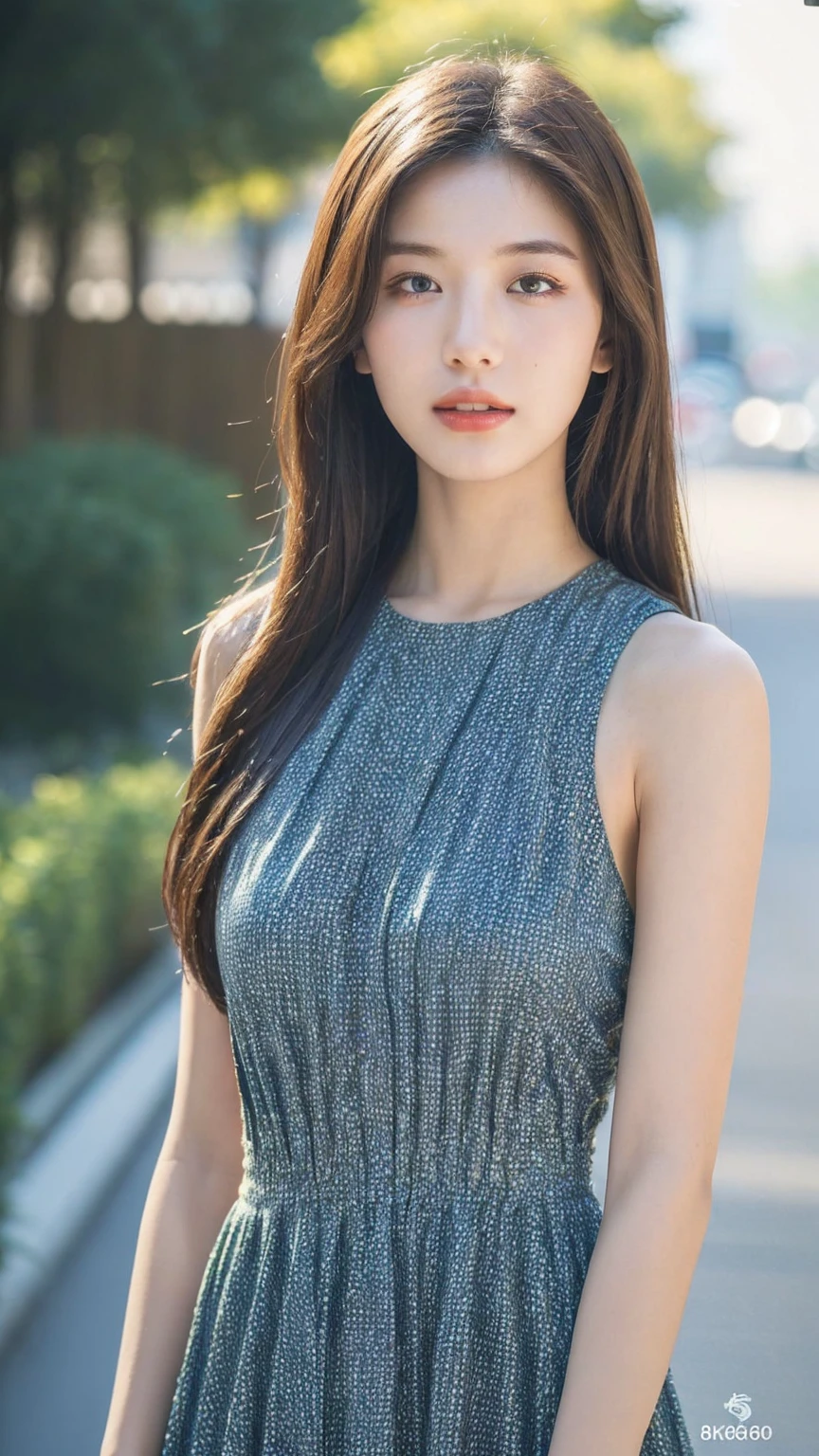 ((Best quality, 8K, masterpiece:1.3))，1girl，18 years old，Asian，Real texture:1.3，(Background blur:1.3)，Gorgeous long dress，Tall and slender figure:1.2，(Hot summer weather)，（street:1.3），Highly detailed face and skin textures，Exquisite eyes，Long eyelashes，Double eyelids，Skin Whitening，happy
