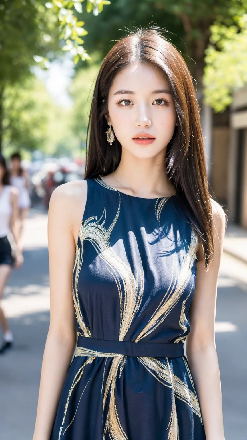 ((Best quality, 8K, masterpiece:1.3))，1girl，18 years old，Asian，Real texture:1.3，(Background blur:1.3)，Gorgeous long dress，Tall and slender figure:1.2，(Hot summer weather)，（street:1.3），Highly detailed face and skin textures，Exquisite eyes，Long eyelashes，Double eyelids，Skin Whitening，happy