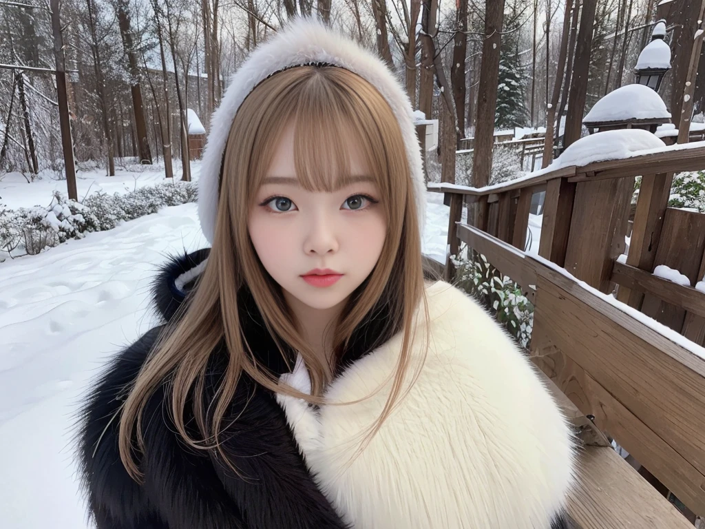 fluffyの毛皮。fluffy、A Russian girl with a fair complexion and a young face。A frontal shot looking directly at the viewer、Mouth wide open。Chest up。Beautiful women in luxurious furs。Old-fashioned。Fisheye Lens、Fur coat。snow。