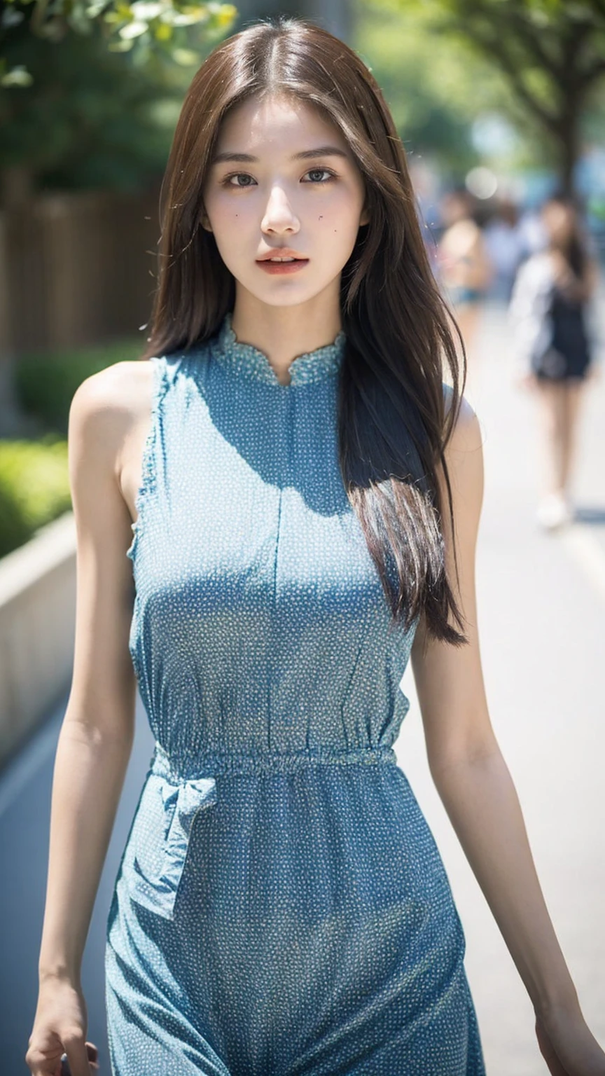 ((Best quality, 8K, masterpiece:1.3)),1girl,18 years old,Asian,Real texture:1.3,(Background blur:1.3),Gorgeous long dress,Tall and slender figure:1.2,(Hot summer weather),(street:1.3),Highly detailed face and skin textures,Exquisite eyes,Long eyelashes,Double eyelids,Skin Whitening,happy
