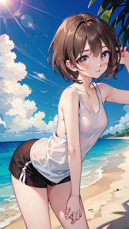 In 8K、Highest quality、masterpiece、Ultra-detailed、Ultra-high resolution、Anime Style、One woman、((Short brown hair)),  Beautiful brown hair, Clear brown eyes, Slightly chubby,Small breasts,The butt is small,White sand beach、White tank top、Leaning forward、Lens flare