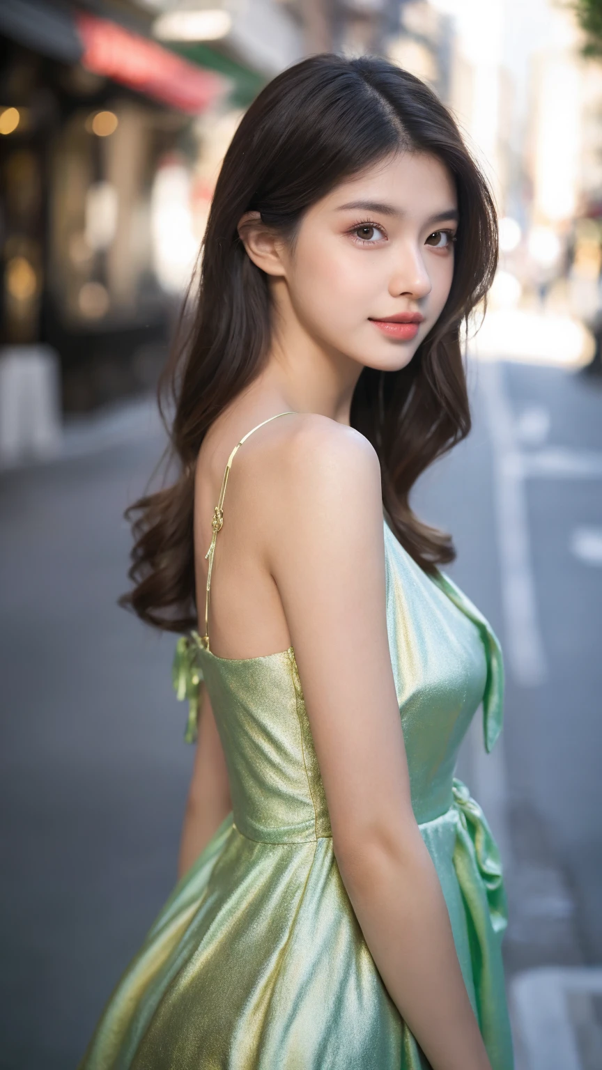 ((Best quality, 8K, masterpiece:1.3))，1girl，18 years old，Asian，Real texture:1.3，(Background blur:1.1)，Gorgeous long dress，Tall and slender figure:1.2，(Hot summer weather)，（street:1.3），Highly detailed face and skin textures，Exquisite eyes，Long eyelashes，Double eyelids，Skin Whitening，happy，Various postures