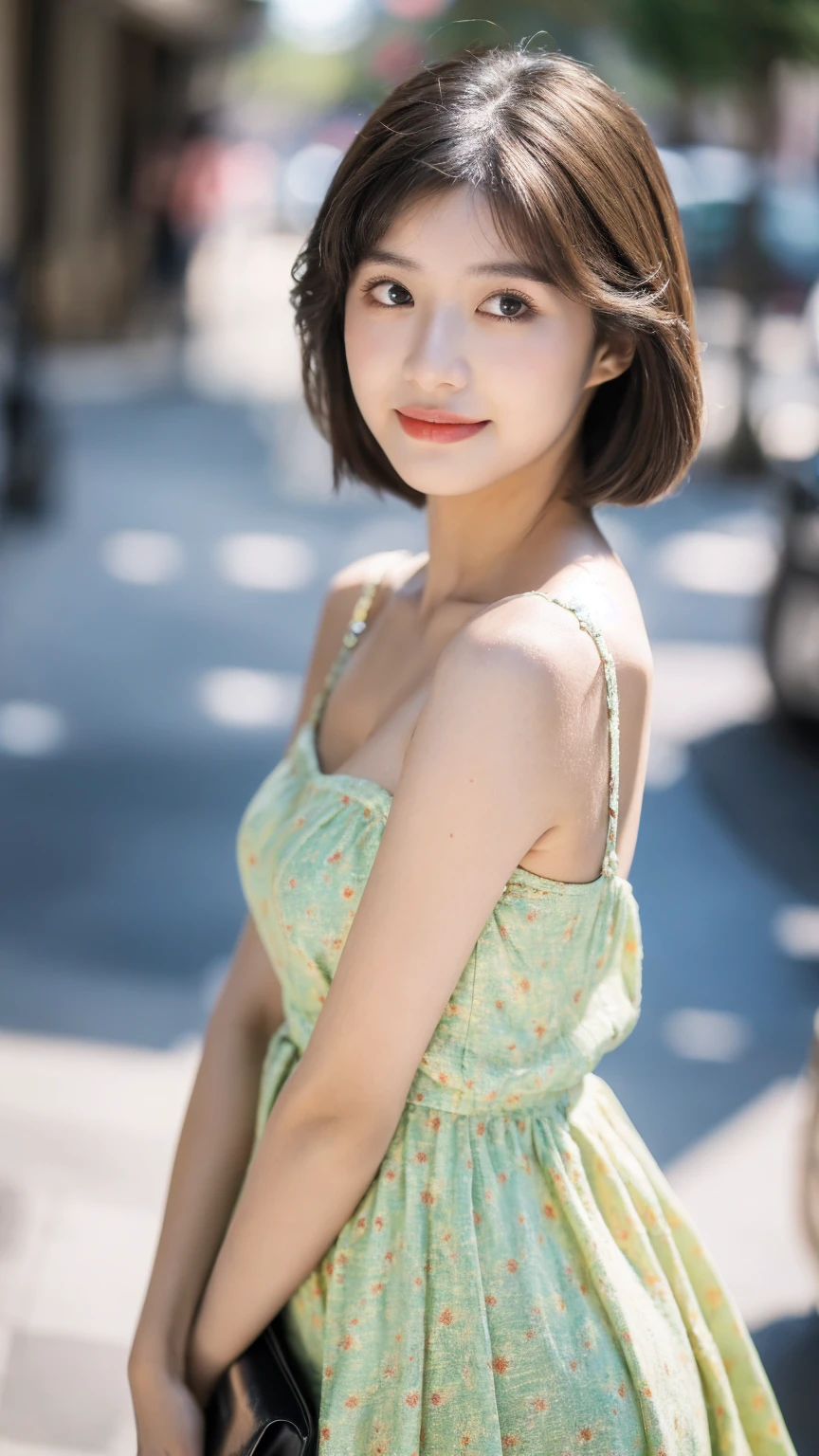 ((Best quality, 8K, masterpiece:1.3)),1girl,18 years old,Asian,Real texture:1.3,(Background blur:1.1),Gorgeous long dress,Tall and slender figure:1.2,(Hot summer weather),(street:1.3),Highly detailed face and skin textures,Exquisite eyes,Long eyelashes,Double eyelids,Skin Whitening,happy,Various postures