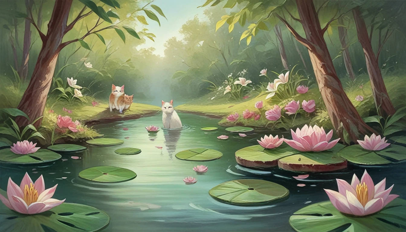masterpiece, best quality,flower, outdoors, water, no_humans, animal, cat, white_flower, nature, partially_submerged, animal_focus, green_theme, lily_pad, pond
