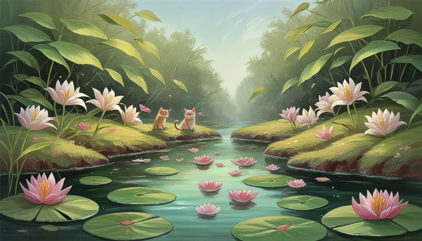 masterpiece, best quality,flower, outdoors, water, no_humans, animal, cat, white_flower, nature, partially_submerged, animal_focus, green_theme, lily_pad, pond