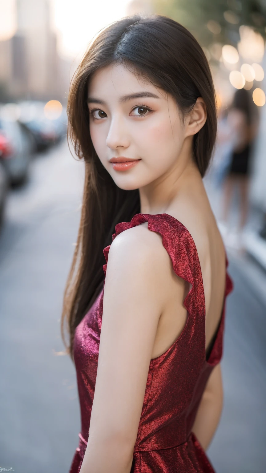 ((Best quality, 8K, masterpiece:1.3)),1girl,18 years old,Asian,Real texture:1.3,(Background blur:1.1),Gorgeous long dress,Tall and slender figure:1.2,(Hot summer weather),(street:1.3),Highly detailed face and skin textures,Exquisite eyes,Long eyelashes,Double eyelids,Skin Whitening,happy,Various postures