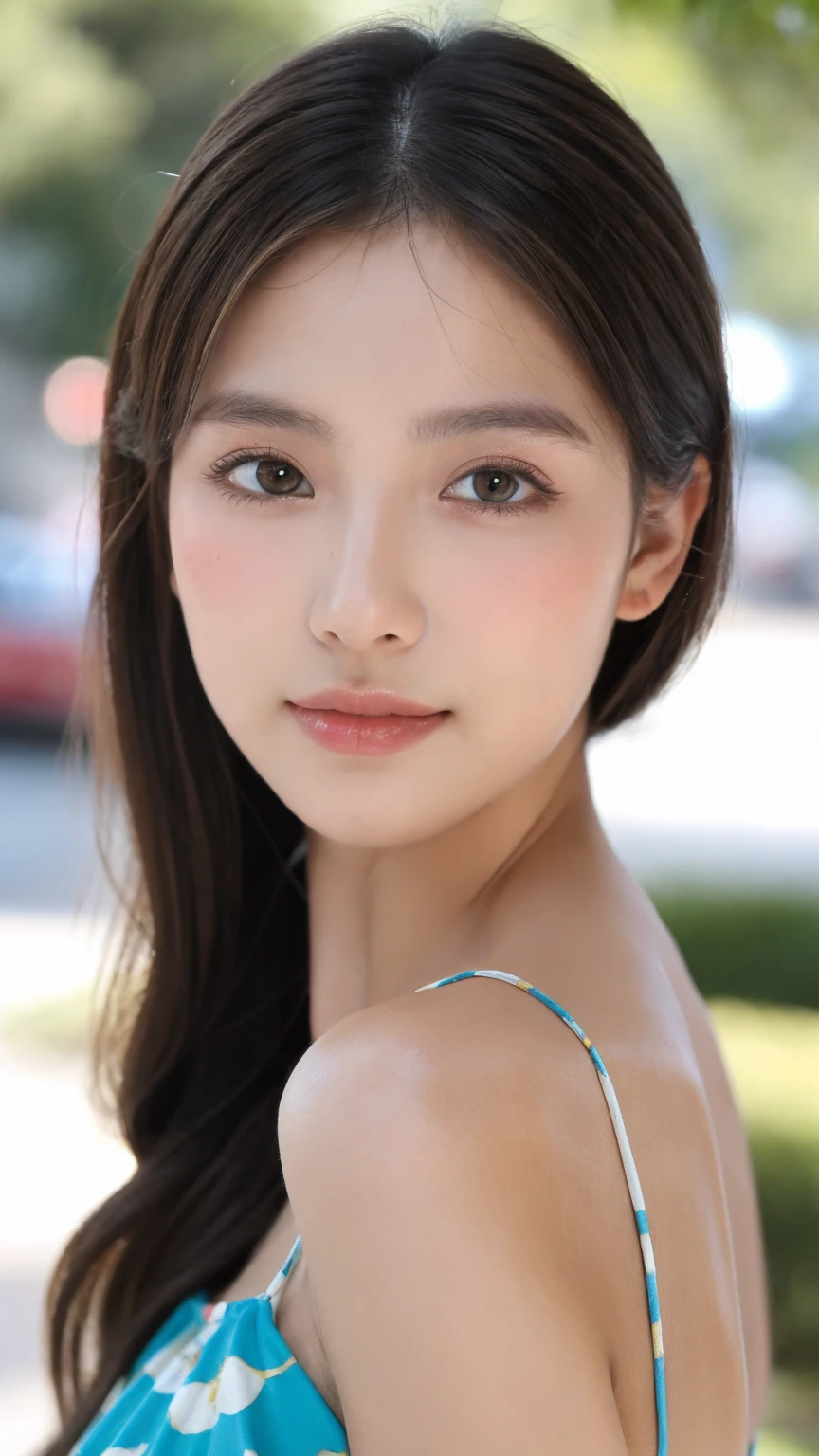 ((Best quality, 8K, masterpiece:1.3))，1girl，18 years old，Asian，Real texture:1.3，(Background blur:1.1)，Gorgeous long dress，Tall and slender figure:1.2，(Hot summer weather)，（street:1.3），Highly detailed face and skin textures，Exquisite eyes，Long eyelashes，Double eyelids，Skin Whitening，happy，Various postures