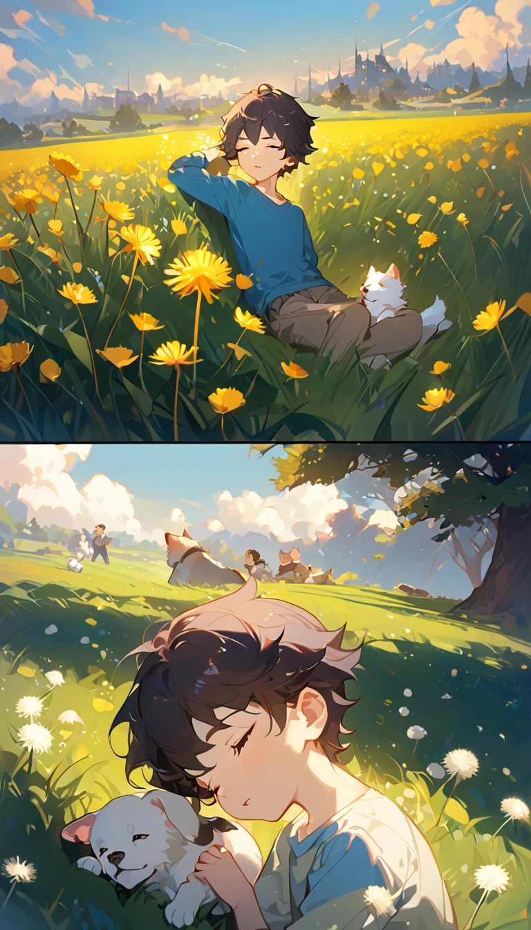 masterpiece, best quality, 8k, 4k, 1boy, kid, sleeping, dark blue hair with red stripes, blue long sleeve shirt, short pale brown pants with pocket, lay down on the field, a small white furry puppy sleeping next to the boy, cute round siberian white puppy, dandelions fields, dandelions, wind blowing, sleeping on the fields, finely detailed eyes and detailed face, inspired by Asukaziye artist : ask, art style : ask