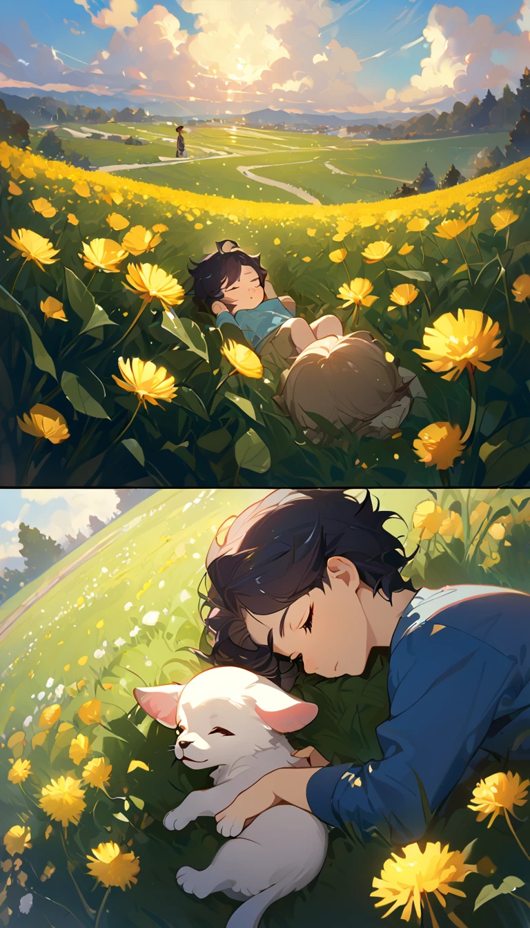 masterpiece, best quality, 8k, 4k, 1boy, , sleeping, dark blue hair with red stripes, blue long sleeve shirt, short pale brown pants with pocket, lay down on the field, a small white furry puppy sleeping next to the boy, cute round siberian white puppy, dandelions fields, dandelions, wind blowing, sleeping on the fields, finely detailed eyes and detailed face, inspired by Asukaziye artist : ask, art style : ask