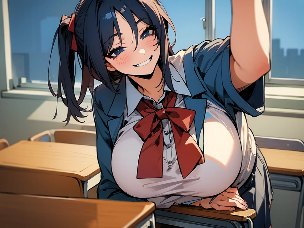 high school girl、Dressed in high 、School classroom、(Big Breasts)、Grinning face、((solo))、smirk