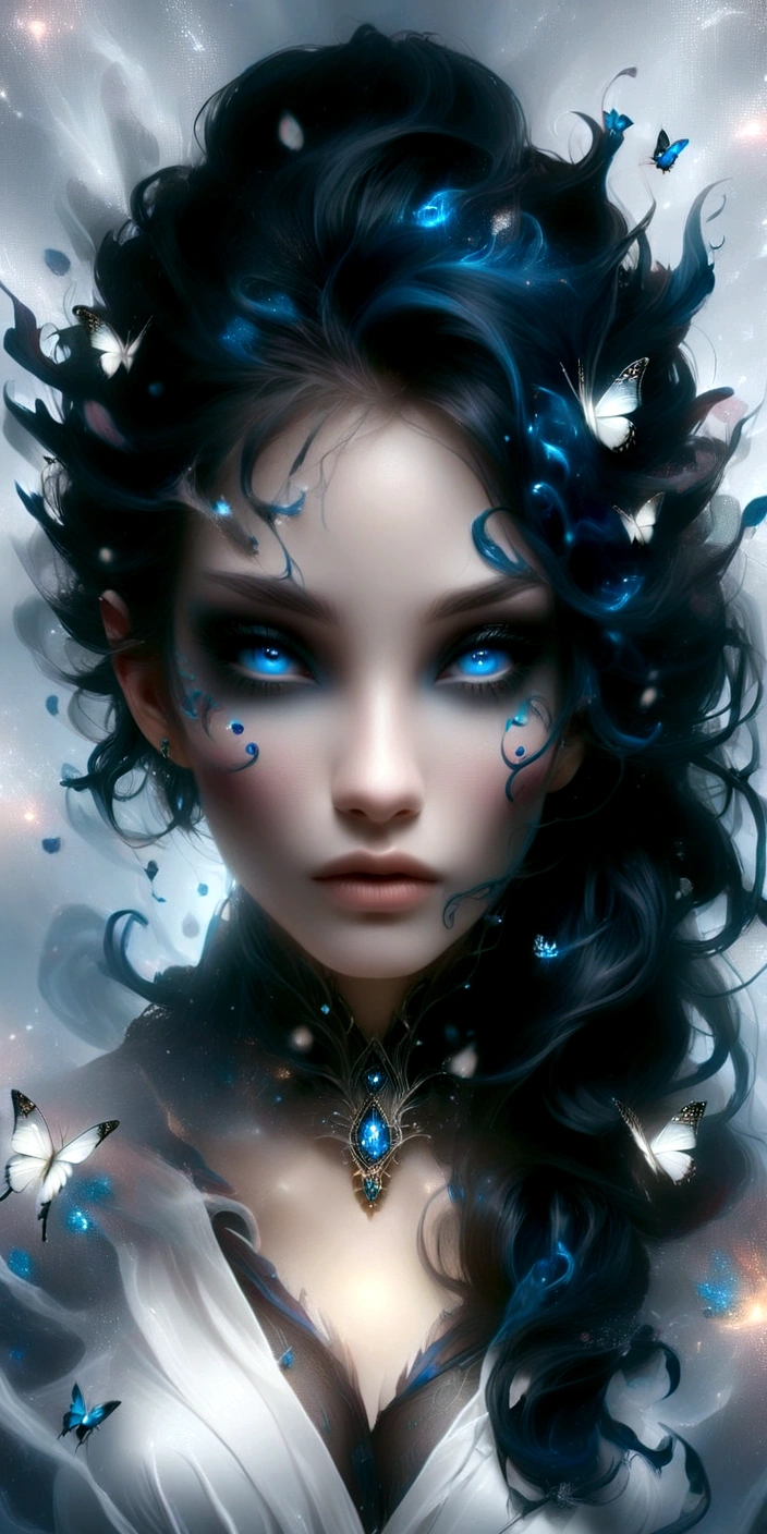 a woman with blue hair and a white dress with butterflies, cute face. dark fantasy, gothic girl face, stunning anime face portrait, dark goth queen with blue eyes, gothic face, girl with white eyes, beautiful anime face, goth girl aesthetic, goth girl, vampire girl, gothic girl, beautiful cyberpunk girl face, with haunted eyes and dark hair