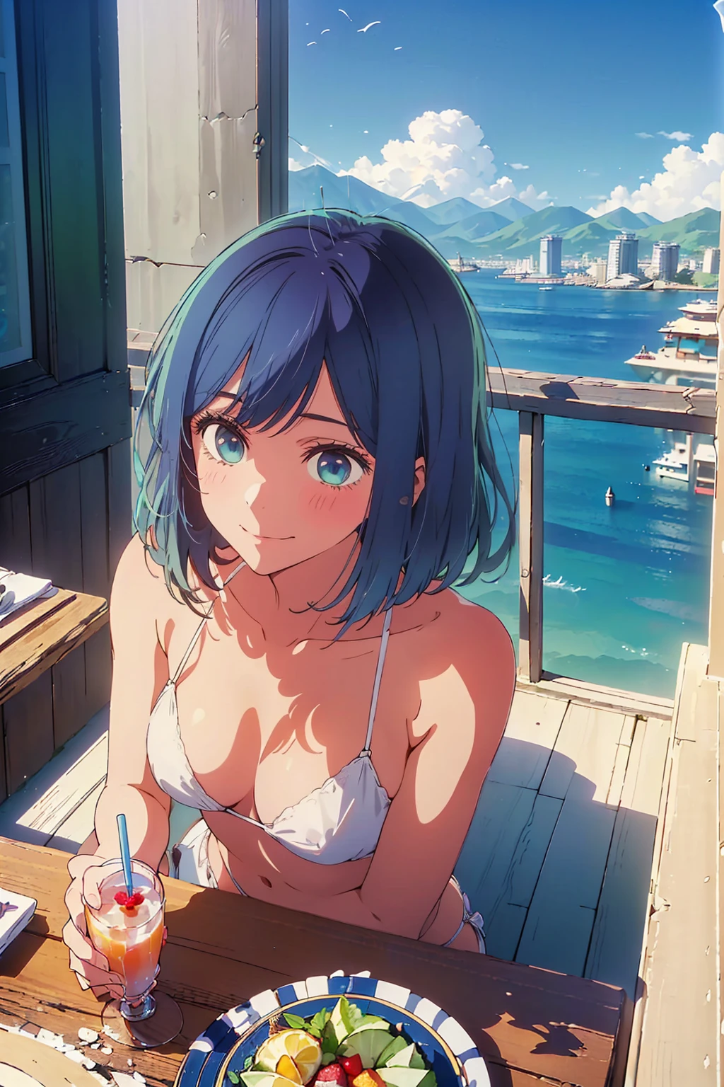 Highest quality,8k,detailed,F cup bust、Big Breasts、Slim and beautiful arms、Slim body、Very white beautiful skin、((((1 person、smile、Thin white bikini、smile、sit、In the background are the urban buildings of Tokyo、Outdoor café terrace、Drink juice、Cheek resting on hand、coastal、table、looking at the camera、Very cute face、Looking up、Shooting from a distance、Best Beautiful Legs、Shot from above、Navy hair color))))、Sexy pose、Very blue sky、A completely cloudless sky、She tilted her head slightly、The atmosphere is bright and lively、The woman is at the center of the image。