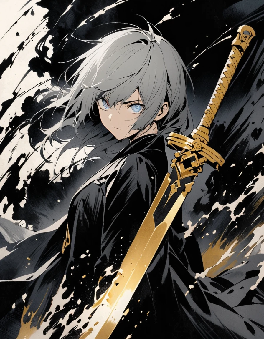 Short grey hair Sharp eyes　28 years old　Holding a golden long sword　Damaged black suit　Ink painting art
