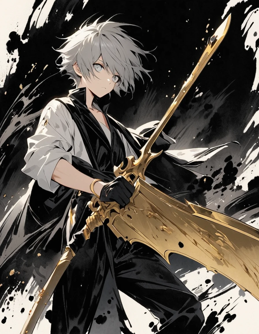 Short grey hair Sharp eyes　28 years old　Holding a golden long sword　Damaged black suit　Ink painting art
