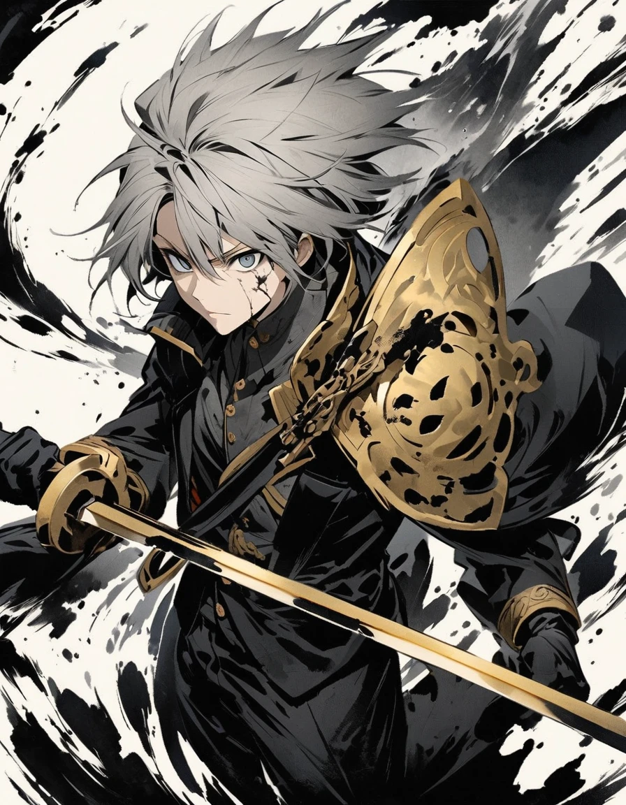 Short grey hair Sharp eyes 28 years old Holding a golden long sword Damaged black suit Ink painting art