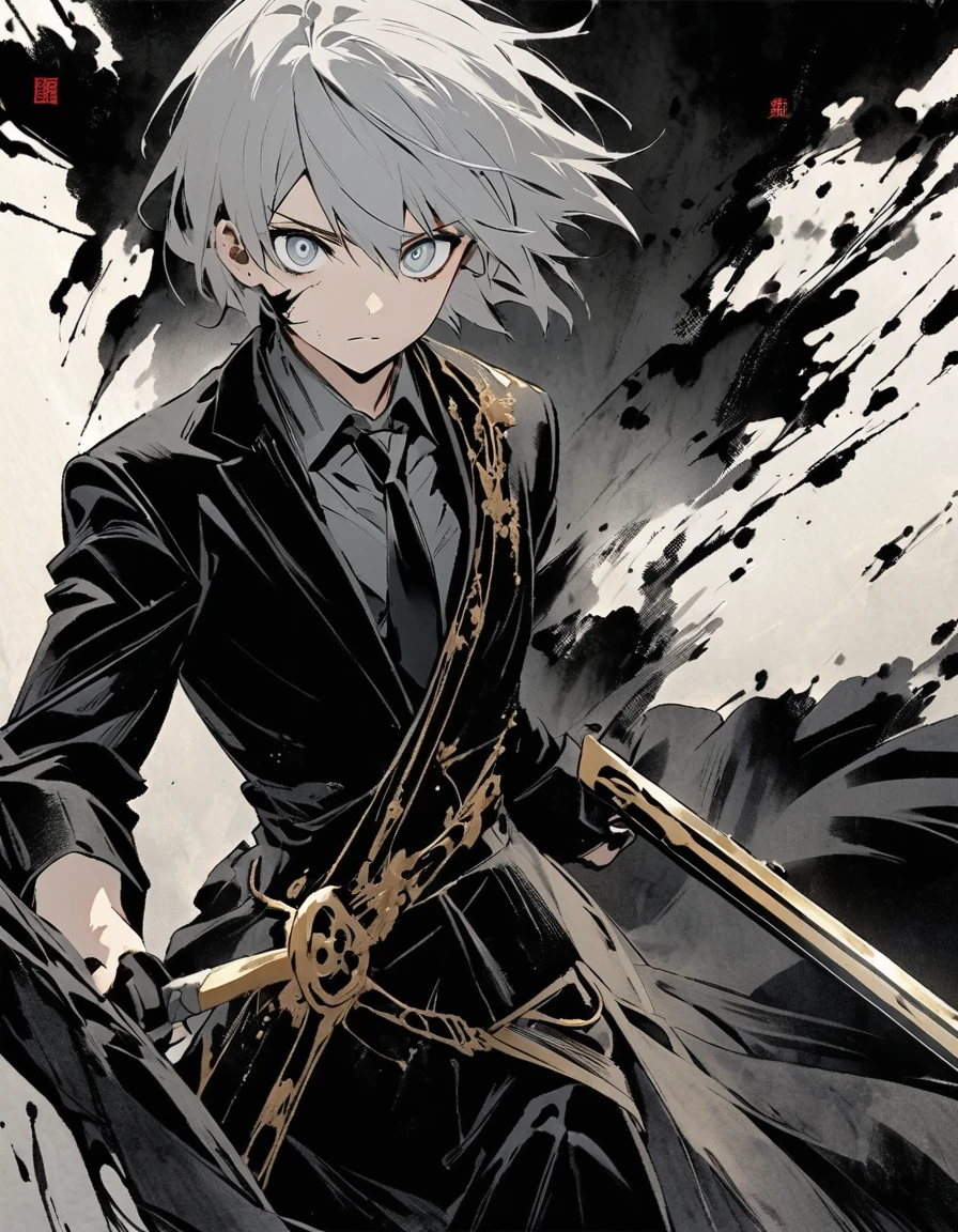 Short grey hair Sharp eyes　28 years old　Holding a golden long sword　Damaged black suit　Ink painting art
