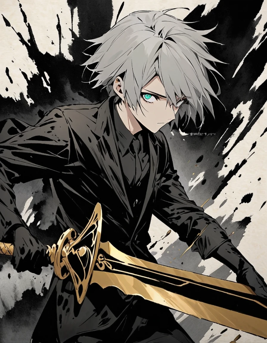 Short grey hair Sharp eyes 28 years old Holding a golden long sword Damaged black suit Ink painting art