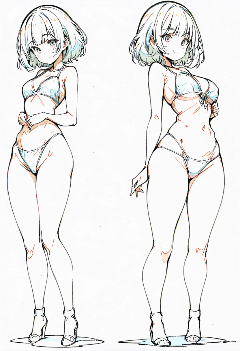 ((whole body)), standing, arched back, Line art,Comics Line art,Black and white Line art,Black and White,1girl, fullbody, long legged women, short hair,Chi Bangs,White bikini, smile,Clear and smooth lines,8k,masterpiece