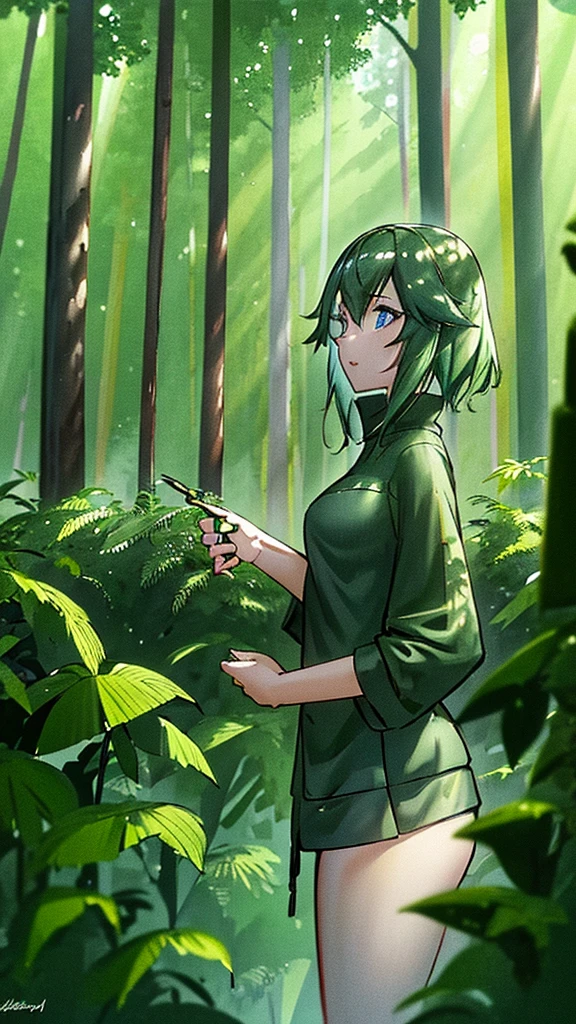 "A girl with short, light green hair and blue eyes is wearing a dark green cloak. She is in a dense forest with tall trees and moss covering the ground. Sunlight filters gently through the tree canopies, creating a serene and mysterious atmosphere around her."
