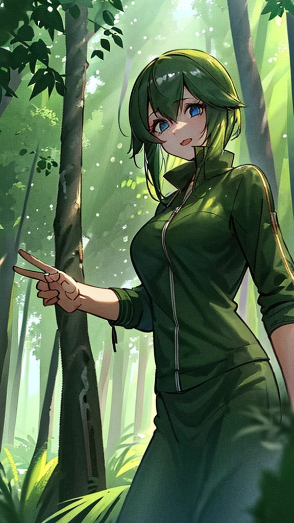 "A girl with short, light green hair and blue eyes is wearing a dark green cloak. She is in a dense forest with tall trees and moss covering the ground. Sunlight filters gently through the tree canopies, creating a serene and mysterious atmosphere around her."