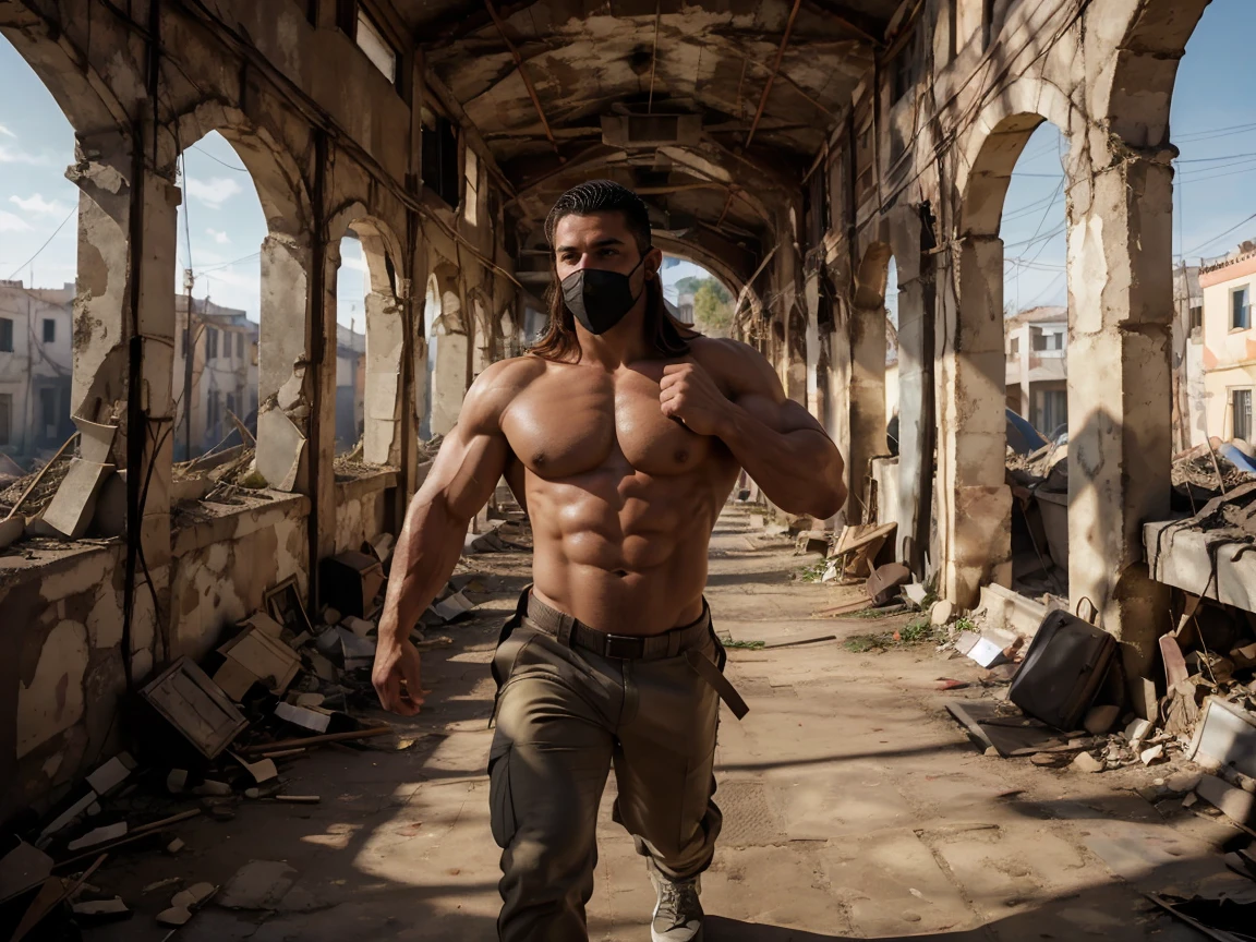 A very muscular man with a strong build. He has a well-defined jaw and a serious expression, doesn't look at the camera. Su piel es clara, y tiene barba corta. karateka, Running for your life!, pants, chaqueta gruesa abierta mostrando su torso bien definido, hermoso rostro,lleno de luz,Una mirada decidida, corte militar, ruso, apocalyptic city background, luchando contra zombies, punches against zombies, sneaker mask, gafas de sol, torso peludo, cara mirando a otro lado, no background vacío, dinamic pose