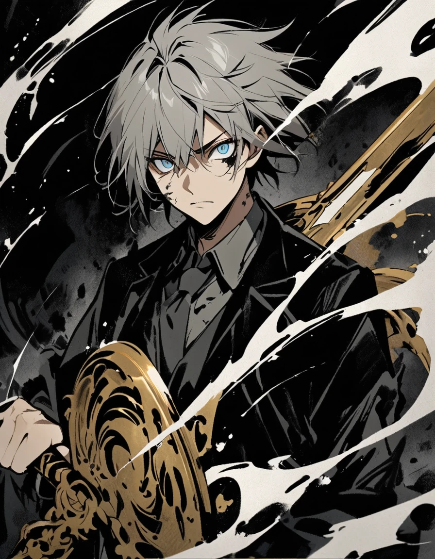 Short grey hair Sharp eyes 28 years old Holding a golden long sword Damaged black suit Ink painting art null