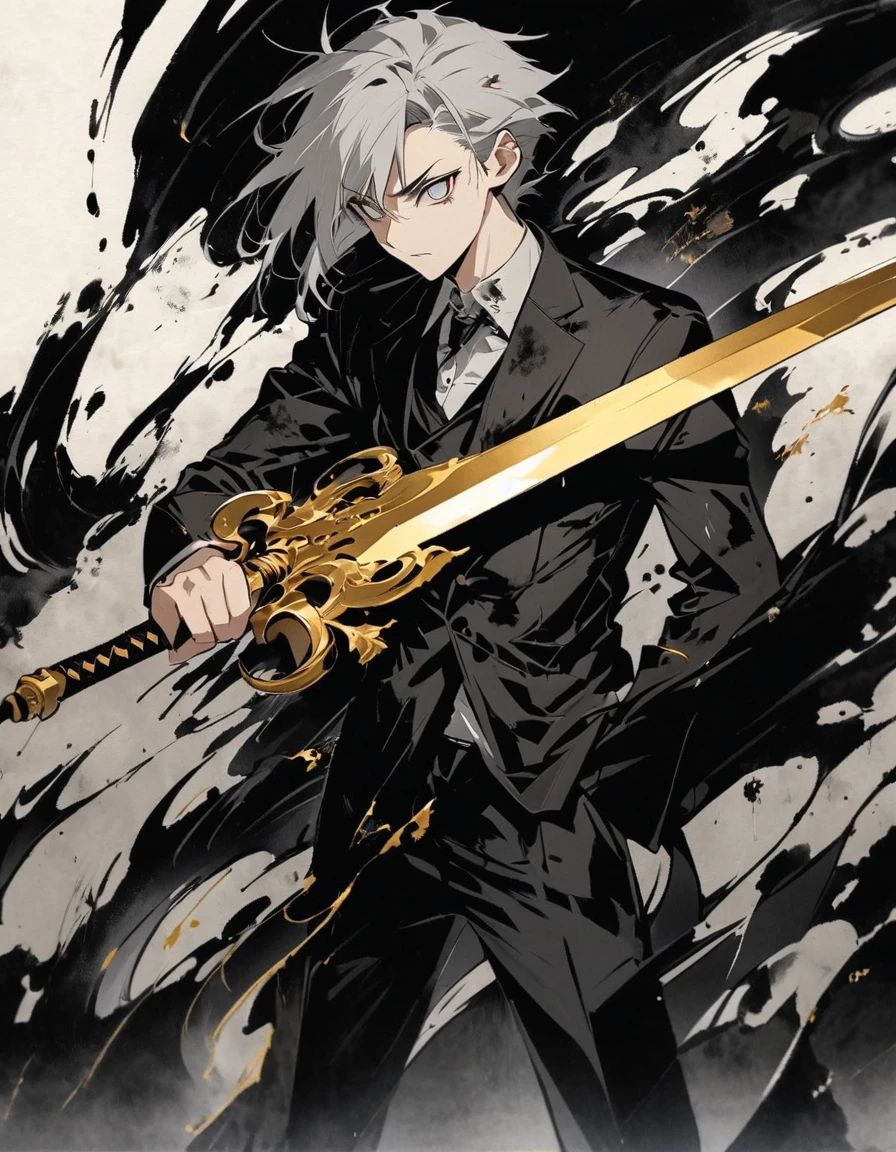 Short grey hair Sharp eyes 28 years old Holding a golden long sword Damaged black suit Ink painting art null