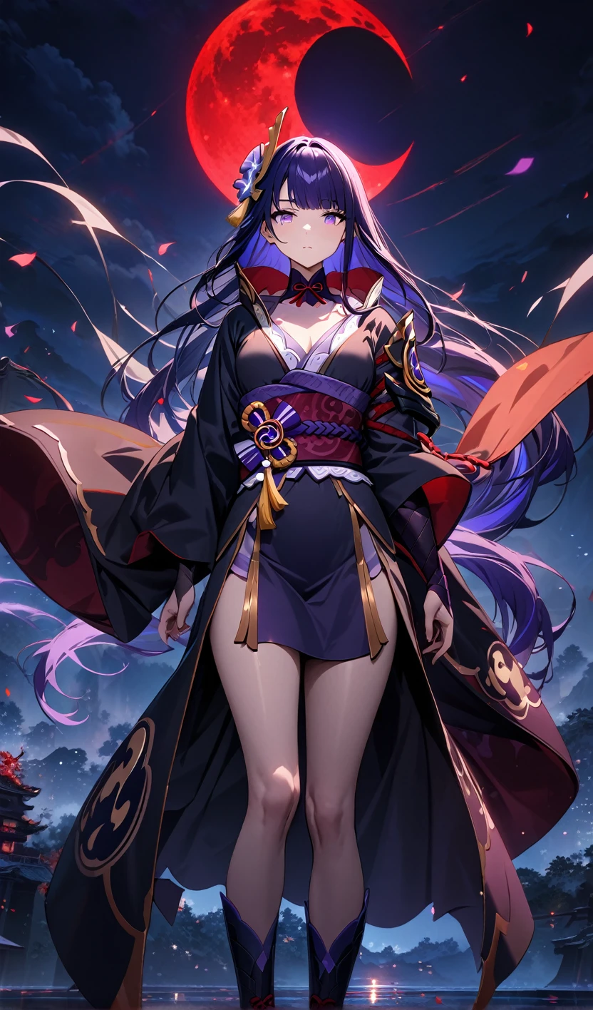 Raiden Shogun,(masterpiece), (best quality), ultra high res, professional artwork, ultra detailed, intricate, detailed face, perfect lighting, 1girl, (AKATSUKI OUTFIT:1.3), ninja, black cloak, black coat, high collar, collarbone, head, night, night sky, crescent moon, red moon, outdoors, (cowboy shot, far shot), blunt bangs, long hair,highly detailed face, highly detailed background,full body