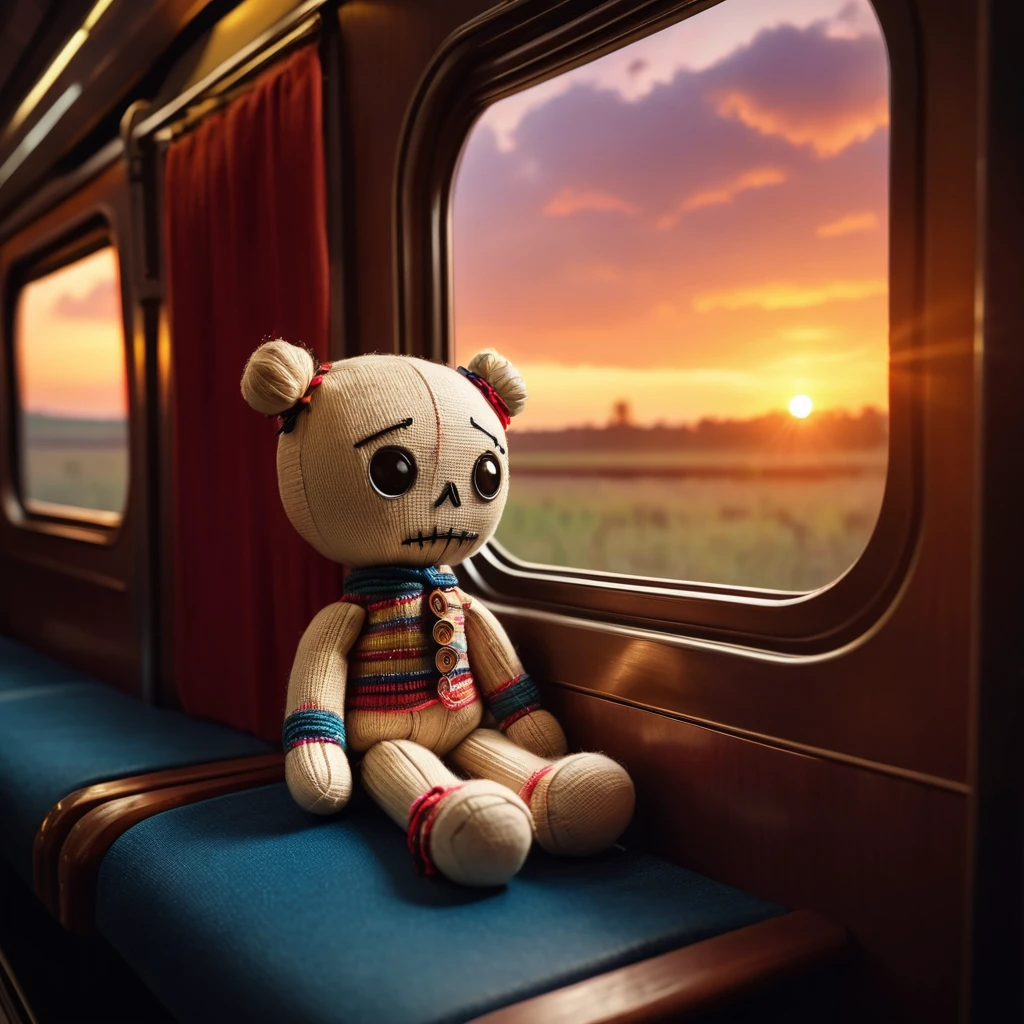 (knitted toy voodoo doll:1.2), (Voodoo sitting in a train compartment:1.5), (casual clothes:1.2), (background a window in a train with a sunset:1.3), (the atmosphere of a train:1.4), detailed, atmospheric, warm lighting, cozy, soft focus, best quality, masterpiece, detailed soft oil painting, detailed background, dramatic cinematic lighting, soft edge lighting, professional, dramatic lighting, hard edge lighting, ultra quality, 4k,masterpiece, best quality, 8k, ultra highres, highres, extremely detailed