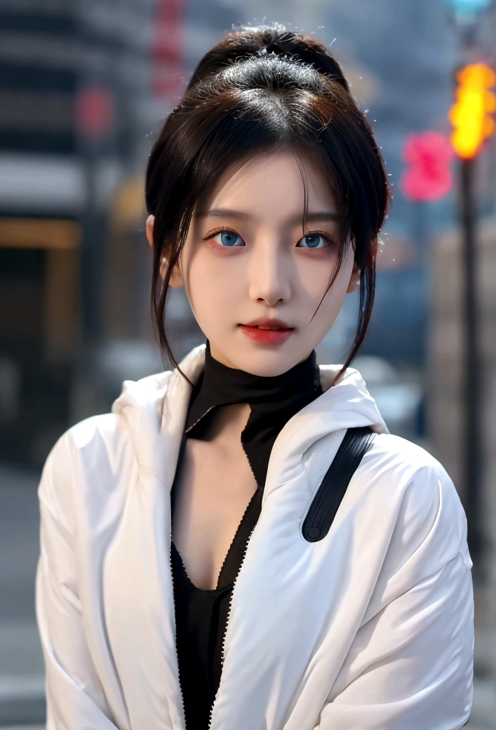 cyber punk, Highest quality, masterpiece, figure, Realistic, photo-Realistic, wonderful, In detail, Incredibly absurd, Large file size, Super detailed, High resolution, Highly detailed CG Unity 8k wallpaper, Browsing Caution, Long shot of a beautiful young woman with Korean features resembling a popular actress. 彼女はcyber punkなサイバネティックな手足と光る体の部分を持っている. Her skin is reflective、Wearing revealing clothing that barely covers the body。. Her exposed skin glistens with droplets from a heavy rain. She has pink and bluish eyeshadow, Black short hair, And glowing eyes. She also has cybernetic implants in her face., head, and arms. The background is a neon-lit night city, Heavy rain and puddles reflecting. Uses ray tracing and volumetric lighting.