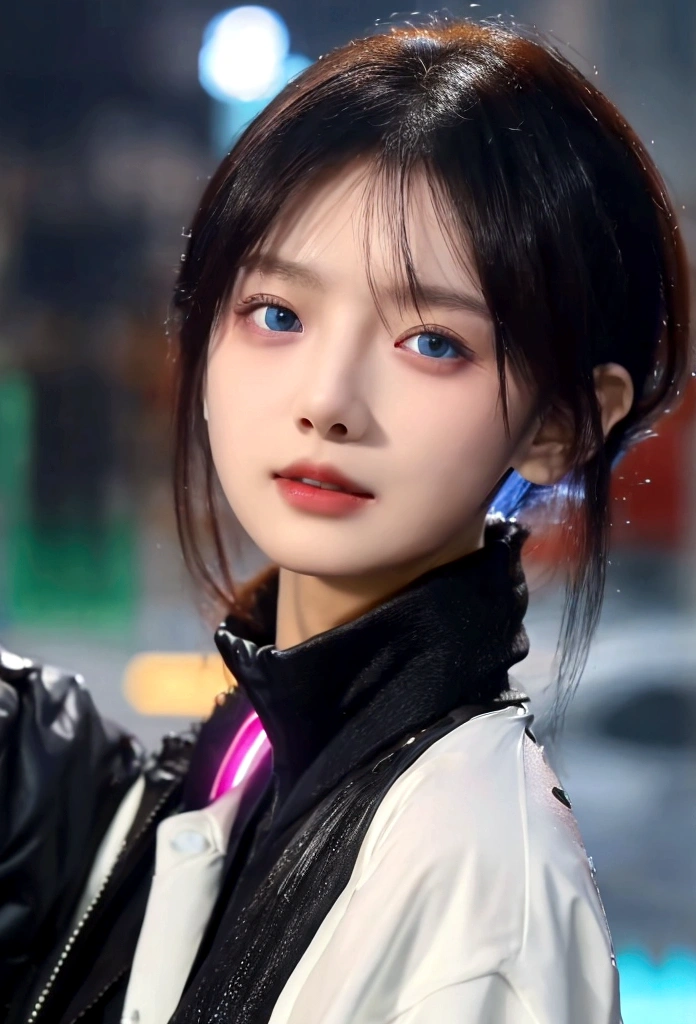 cyber punk, Highest quality, masterpiece, figure, Realistic, photo-Realistic, wonderful, In detail, Incredibly absurd, Large file size, Super detailed, High resolution, Highly detailed CG Unity 8k wallpaper, Browsing Caution, Long shot of a beautiful young woman with Korean features resembling a popular actress. 彼女はcyber punkなサイバネティックな手足と光る体の部分を持っている. Her skin is reflective、Wearing revealing clothing that barely covers the body。. Her exposed skin glistens with droplets from a heavy rain. She has pink and bluish eyeshadow, Black short hair, And glowing eyes. She also has cybernetic implants in her face., head, and arms. The background is a neon-lit night city, Heavy rain and puddles reflecting. Uses ray tracing and volumetric lighting.
