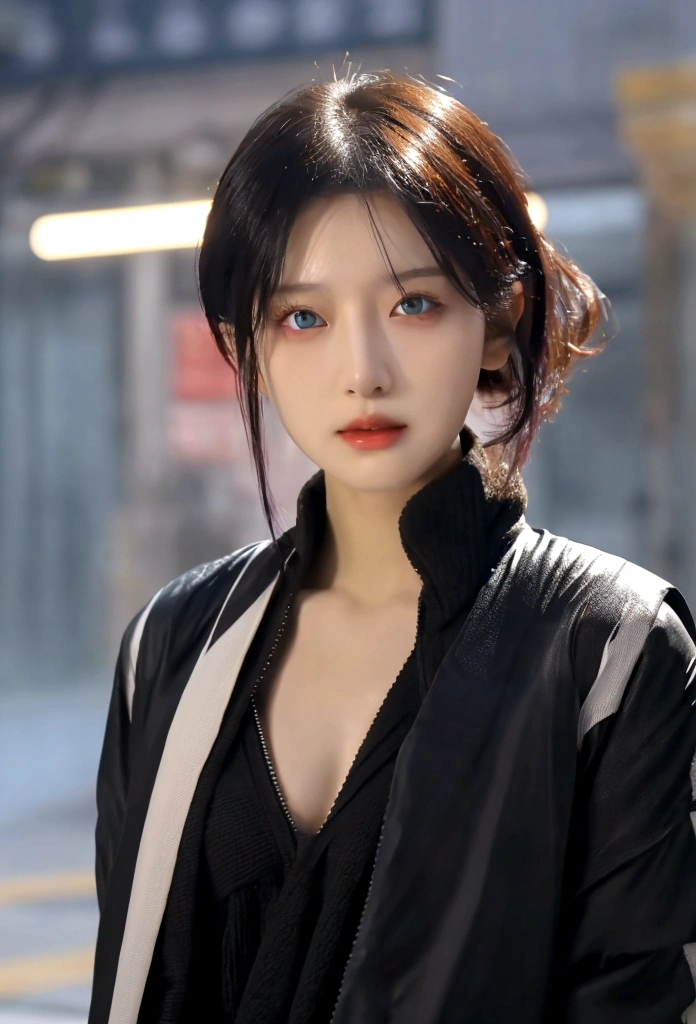 cyber punk, Highest quality, masterpiece, figure, Realistic, photo-Realistic, wonderful, In detail, Incredibly absurd, Large file size, Super detailed, High resolution, Highly detailed CG Unity 8k wallpaper, Browsing Caution, Long shot of a beautiful young woman with Korean features resembling a popular actress. 彼女はcyber punkなサイバネティックな手足と光る体の部分を持っている. Her skin is reflective、Wearing revealing clothing that barely covers the body。. Her exposed skin glistens with droplets from a heavy rain. She has pink and bluish eyeshadow, Black short hair, And glowing eyes. She also has cybernetic implants in her face., head, and arms. The background is a neon-lit night city, Heavy rain and puddles reflecting. Uses ray tracing and volumetric lighting.
