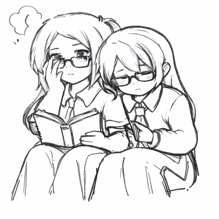 A drawing of two people sitting next to each other., They are very serious., DDLC, Trying to read, read a book, trying to study, The girls are resting., Looks sad and solemn, holding a book, sleepy, !!wear glasses!!, thick straight lines, Arms around her neck., by Ei-Q, Two people were exhausted., Anime style"