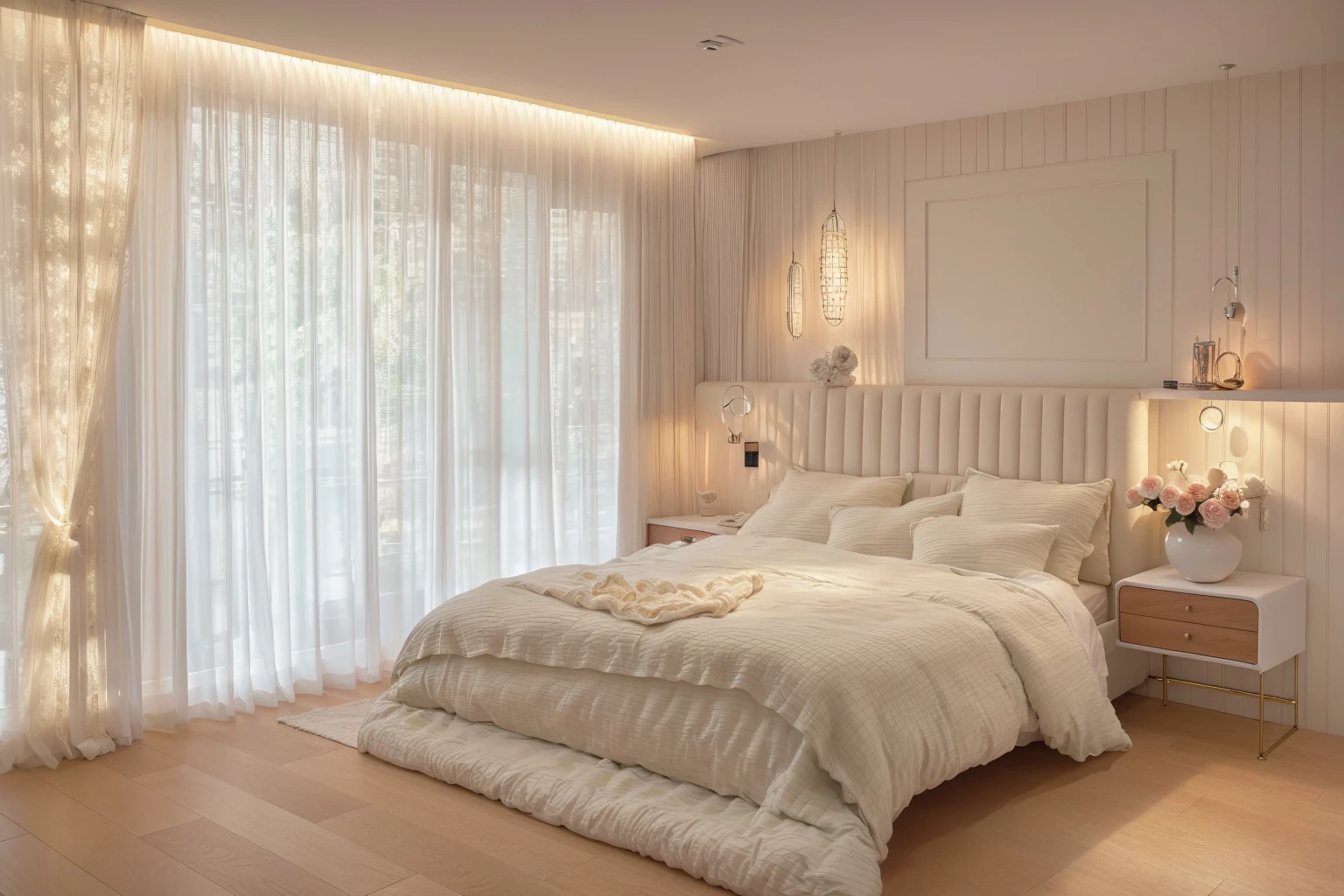 RAW photo of The bedroom becomes a showcase for exquisite works of art , masterpiece, best quality, 8k, ultra highres, In a décor style, On the wall hangs a huge oil painting, The colorful flowers exude a gorgeous fragrance in the shimmering light, On the bedside table are carefully carved crystal vases, Inside it are blooming red roses, The walls are inlaid with black glass,The shimmering light creates a mysterious and romantic atmosphere, A pair of sculptural figures stand at the end of the bed, They seem to be whispering vows of love, Every corner of this bedroom is a unique work of art like being in a dreamy art world