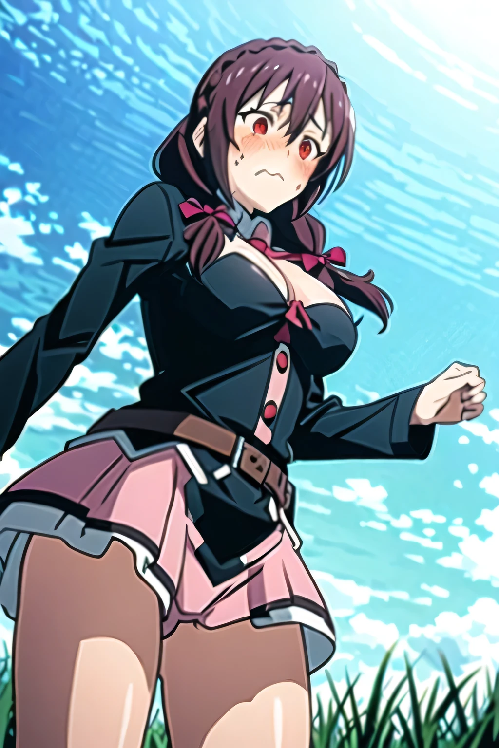 (masterpiece, Highest quality), One girl, Yunyun,Long Hair,Braiding,Twin tails,Hair between the eyes,Red hair ribbon,hair ornaments,large round breasts,、Pink Skirt、Black Hair、Red Eyes、(Embarrassed face:1.2)、grassland、Crown Blade,Black Shirt, Long sleeve,Pink tie, belt, Cleavage cutout、cowboy shot、(blush:1.2)、Pink shorts、View from below