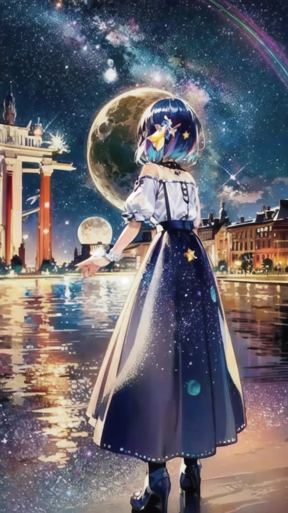 masterpiece, masterpiece, Super detailed, Meteors, comet, moon, Starry Sky, lake reflection, A dreamlike sight, colorful trees々, Anime CG, Exquisite image