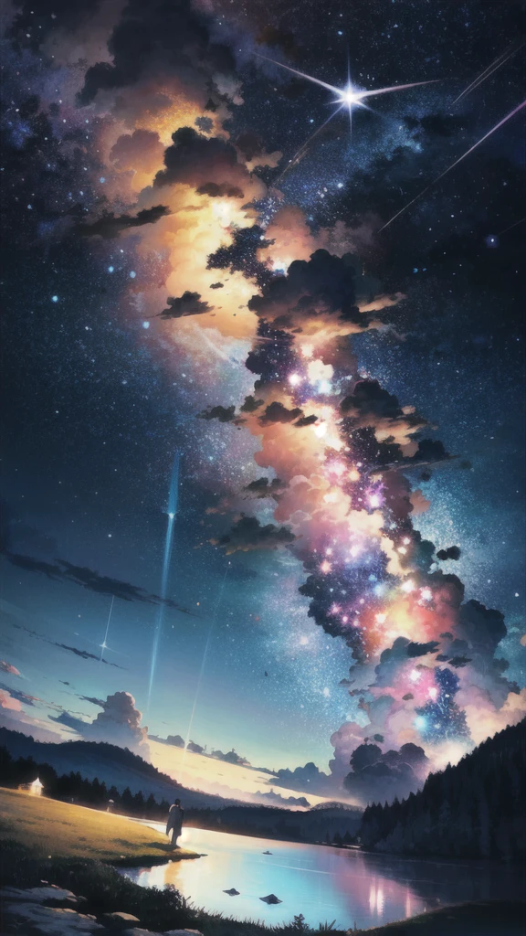 masterpiece, masterpiece, Super detailed, Meteors, comet, moon, Starry Sky, lake reflection, A dreamlike sight, colorful trees々, Anime CG, Exquisite image