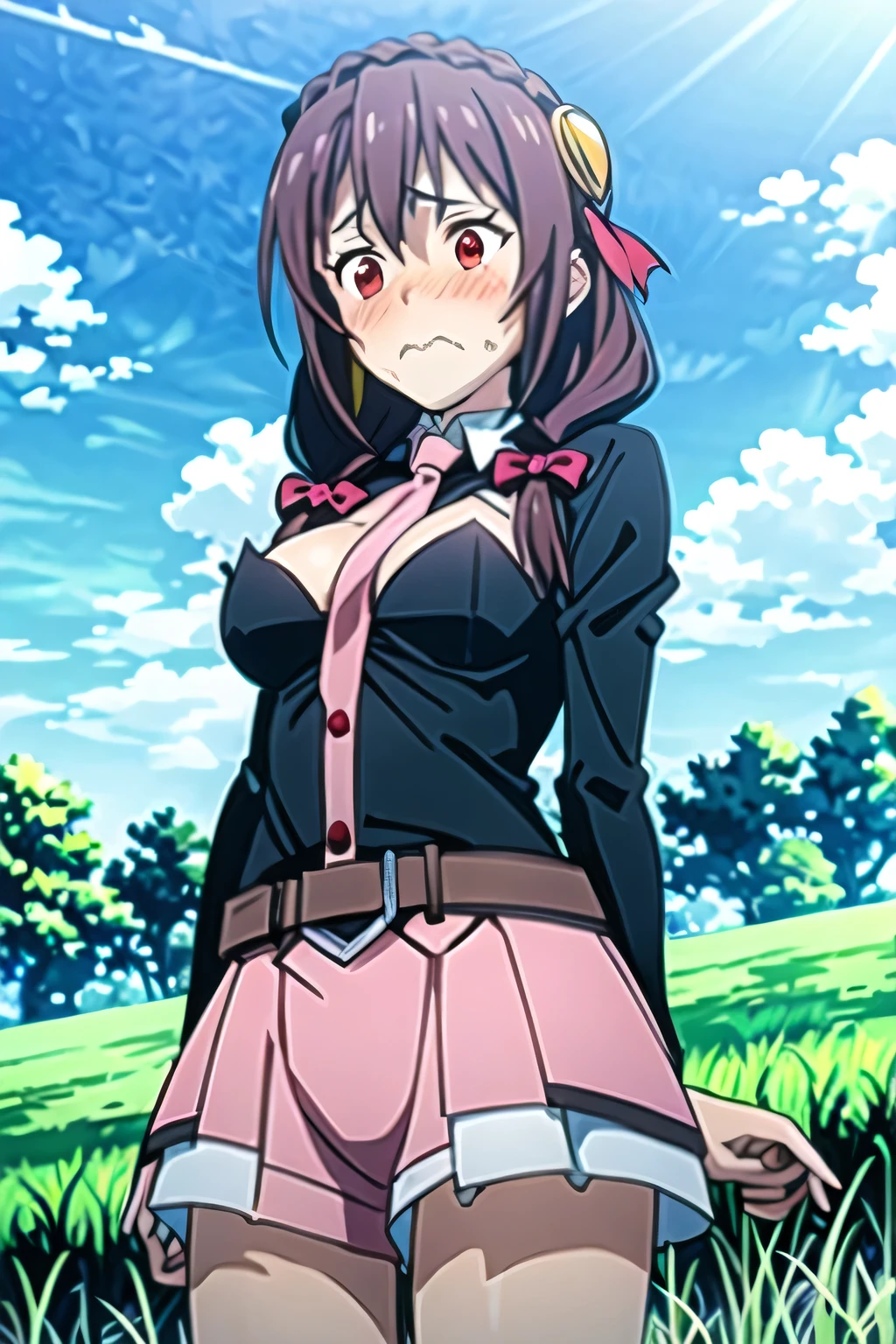 (masterpiece, Highest quality), One girl, Yunyun,Long Hair,Braiding,Twin tails,Hair between the eyes,Red hair ribbon,hair ornaments,large round breasts,、Pink Skirt、Black Hair、Red Eyes、(Embarrassed face:1.2)、grassland、Crown Blade,Black Shirt, Long sleeve,Pink tie, belt, Cleavage cutout、cowboy shot、(blush:1.2)、Pink shorts、View from below