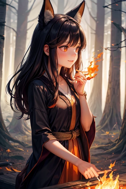 A mesmerizing work of art, showing a bonfire with flames, carefully formed in the shape of the beautiful face of a young laughing girl. The orange and yellow hues of the fire contrast with the surrounding purple darkness, creating a realistic scene. The artist skillfully used flickering flames, to revive a girl&#39;s hair, girl&#39;s face and body. In the background is a mysterious, forest filled with blue fog, adding an exciting atmosphere.

 Mesmerizing bonfire, the flame of which is carefully formed in the shape of the face of a young laughing girl. Fire comes alive in orange and yellow hues, contrasting with the surrounding purple darkness of the night. Flickering flames play on your hair, girl&#39;s face and body, giving it realism and liveliness. Small sparks dance around the fire, adding dynamics and a sense of movement.

Above the mysterious forest, filled with blue fog, the starry sky spread out, the flickering of which breaks through the fog and trees. Among the shadows you can see the silhouettes of forest animals, such as a fox or an owl, which adds life and mystery to the picture. Fire lilies and phoenix ferns bloom near the fire, flame heat resistant.

The moon illuminates the stage with its soft light, creating interesting shadows and reflections on the girl’s face and forest elements, making the picture even more bewitching and fabulous.
