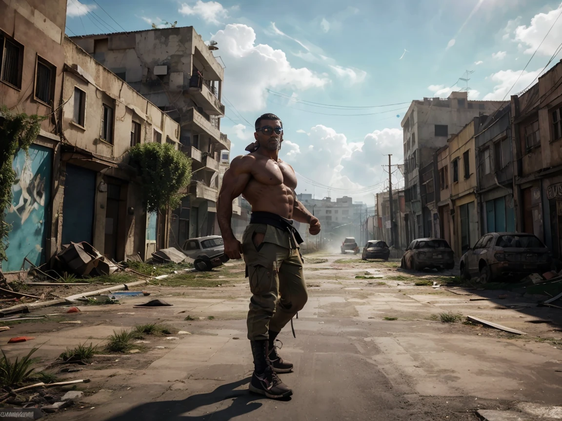 A very muscular man with a strong build. He has a well-defined jaw and a serious expression, doesn't look at the camera. Su piel es clara, y tiene barba corta. karateka, Running for your life!, pants, chaqueta gruesa abierta mostrando su torso bien definido, hermoso rostro，lleno de luz，Una mirada decidida, corte militar, ruso, apocalyptic city background, luchando contra zombies, punches against zombies, sneaker mask, gafas de sol, torso peludo, cara mirando a otro lado, no background vacío, dinamic pose