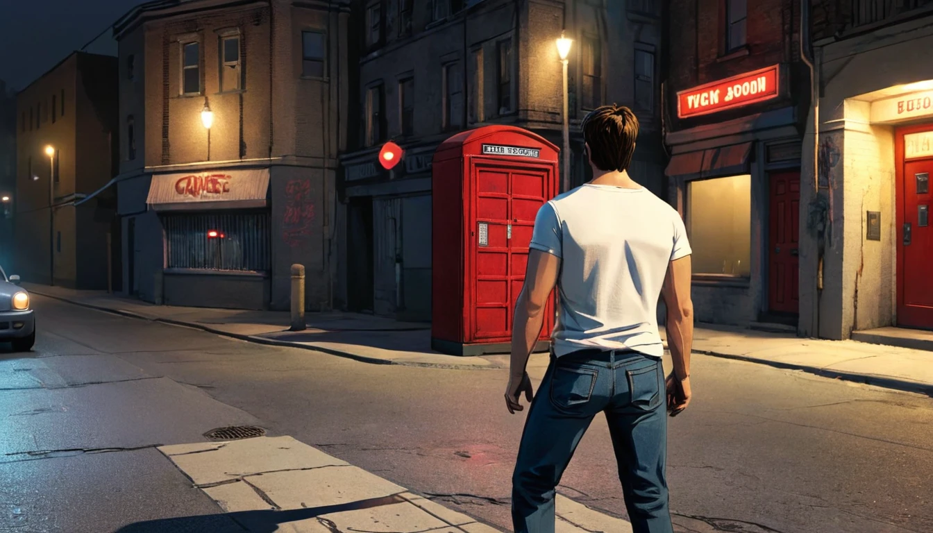 Create a rock music-themed scene set at night. The scene should feature a man standing with his back against a wall on a long street, waiting. He is wearing jeans and a white T-shirt, embodying a casual rock style. Across the street, there is an old-fashioned Red coin telephone box. The street lights should cast a balanced glow, illuminating both the street and the buildings, creating a moody and atmospheric setting. The overall vibe should reflect the essence of rock music with a hint of nostalgia.
