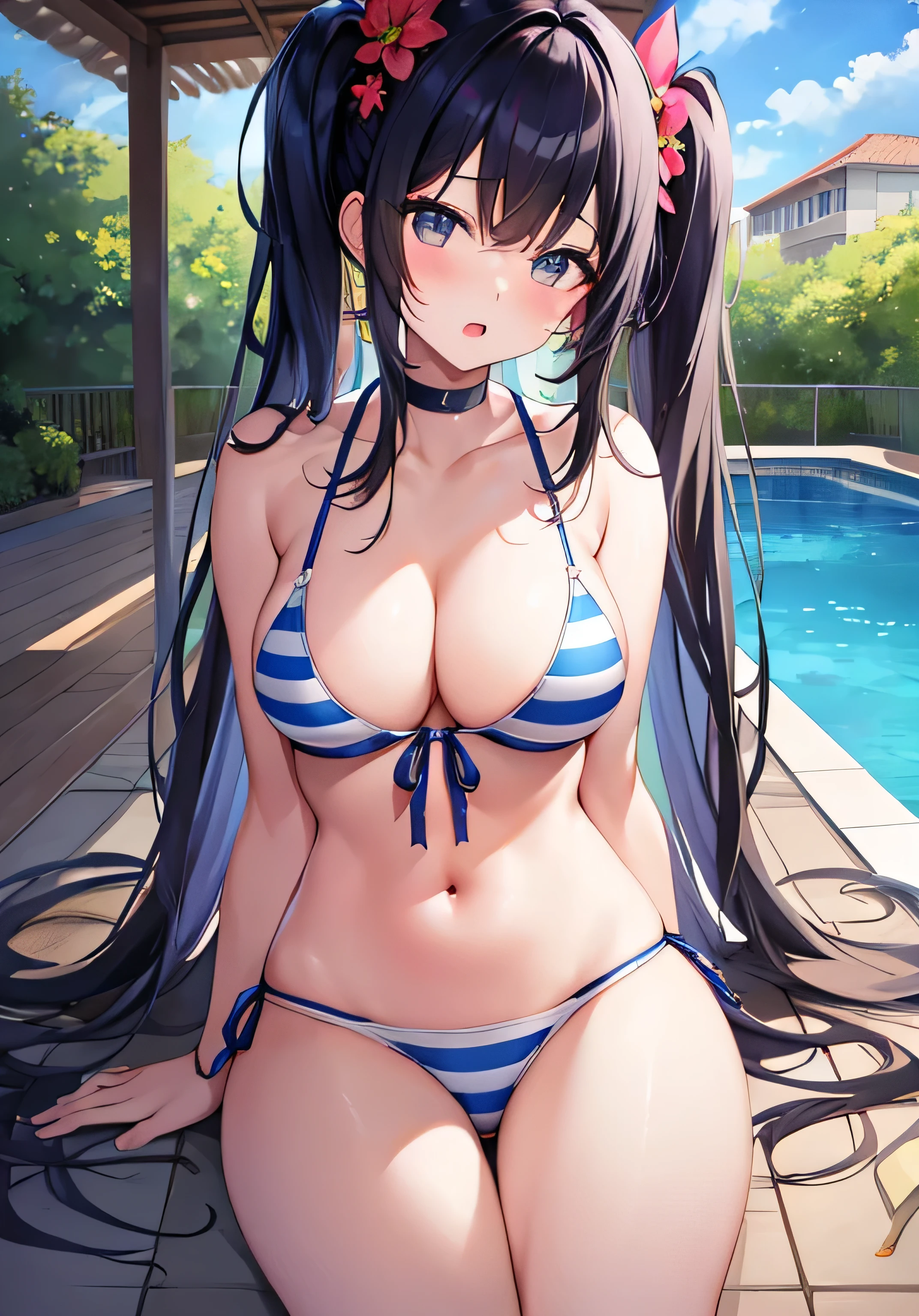 masterpiece、Highest quality、Ultra-high resolution、nsfw、teenage girl with big breasts、twin tail hairstyle、black hair、black eyes、Red face、shyly、open your mouth just a little、blue striped bikini that shows cleavage、Beautiful bare legs、sitting on a poolside、outdoor pool of a resort hotel