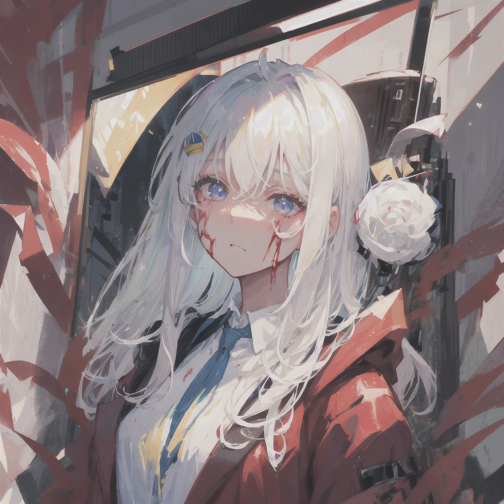 There is blood on the face,White hair,Clear,woman,
