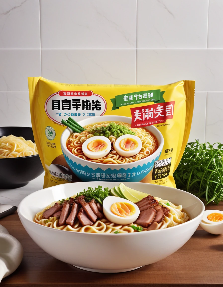 Generate a hyper-realistic image of an instant noodle packet branded "Your Brand", with good and correct Indonesian spelling. The packet showcases the upper body and head of a cheerful woman with short, neatly combed hair, making a thoughtful gesture by pointing to his temple with one hand. Below him, the packet displays a bowl of ramen noodles with slices of meat, a halved boiled egg, and green garnish. The background is a cozy kitchen with soft lighting and various kitchen items subtly visible. hyper-realistic, with vibrant colors and detailed textures highlighting both the packaging and the food.