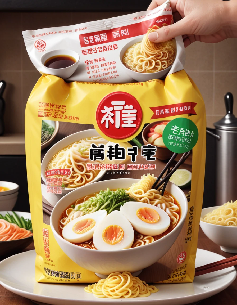 Generate a hyper-realistic image of an instant noodle packet branded "Your Brand", with good and correct Indonesian spelling. The packet showcases the upper body and head of a cheerful woman with short, neatly combed hair, making a thoughtful gesture by pointing to his temple with one hand. Below him, the packet displays a bowl of ramen noodles with slices of meat, a halved boiled egg, and green garnish. The background is a cozy kitchen with soft lighting and various kitchen items subtly visible. hyper-realistic, with vibrant colors and detailed textures highlighting both the packaging and the food.