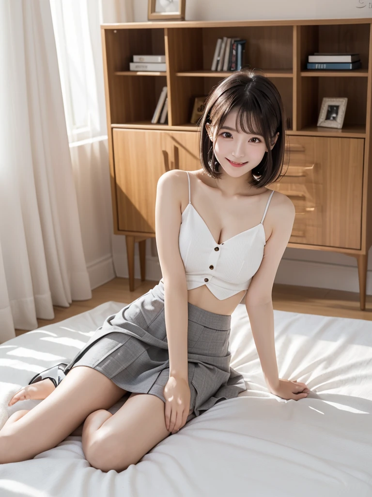(Highest quality、masterpiece:1.9)、((Neat and clean female college student、1 person))、Soft lighting by a professional photographer、Natural light、((Very spacious white luxurious room:1.6))、((Bright white room:1.6))、(Sitting on a very luxurious white bed:1.2)、(White Bookcase:1.1)、Natural soft light、((Black Hair:1.1))、Fair skin、Detailed Eyes、double eyelid、Slightly puffy cheeks、((Small Face:1.0))、((Check One Piece、Grey mini skirt、Please wear it with the chest open.:1.1))、(smile)、((Girly pose 1.8))、High resolution,、((Short Hair:1.2))、((Full Body Shot:1.2))、Live-action image quality、((Height: 150cm))、Hands in front、Hide your hands between your legs、(bangs:1.1)、
