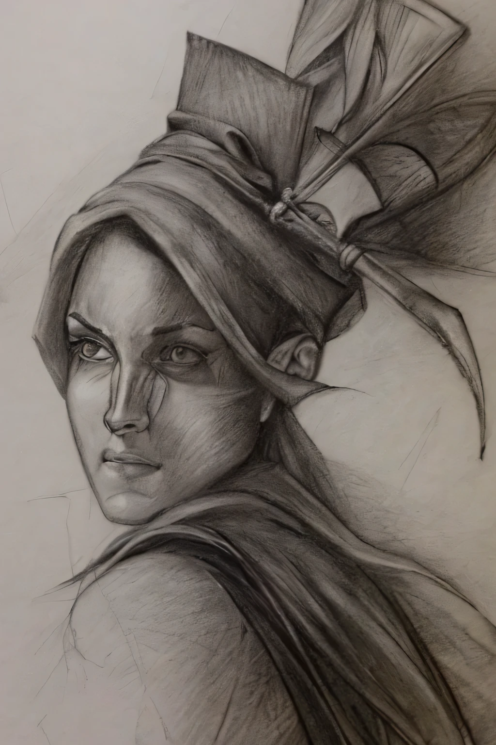 painting of an ugly Huntress wearing a mask with a axe in her hand standing on a grave, realistic sketch, hyperrealistic sketch, detailed pencil sketch, Pencil sketch, realistic digital drawing, detailed sketch drawing, detailed 4 k drawing, pencil drawing, highly detailed sketch, Realistic drawing, extremely detailed portrait, detailed but rough, pencil drawing illustration, realism drawing, detailed sketch, sketch art,((High quality, Masterpiece:1.4)), ((Full body)), Messy drawings, Messy charcoal spots, Unfinished sketch, Painting in charcoal style, Sketchbook drawing, sketchbook, Beautiful hair,Hair is somewhat thinning，Black hair，depressed eye，Heavy dark circles，Black eyes，Menacing, Bloodthirsty eyes。((Paper material background)), Realistic charcoal line, Imperfect drawing, Charcoal shavings, Charcoal production line, imperfections, Dark bloodied gown, Realistic, zoomed out