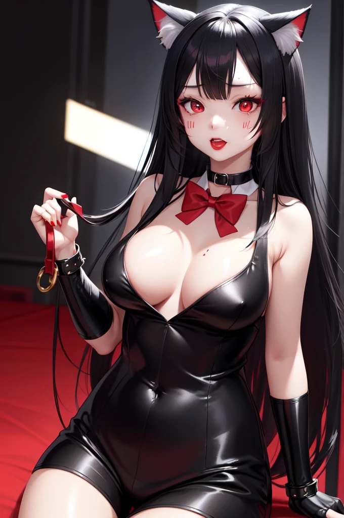 1 girl、细致的Facial details,Cat ear,Black long hair,red lips,Slim,Wearing a black shirt,With red bow tie,Black shorts,Large Breasts,Charming red eyes,,handcuffs,collar,Radiant Skin,Facial details,stage,Magic show