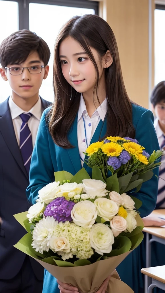 A handsome boy is confessing his love to a pretty girl in a school classroom。
The boy is holding a bouquet。